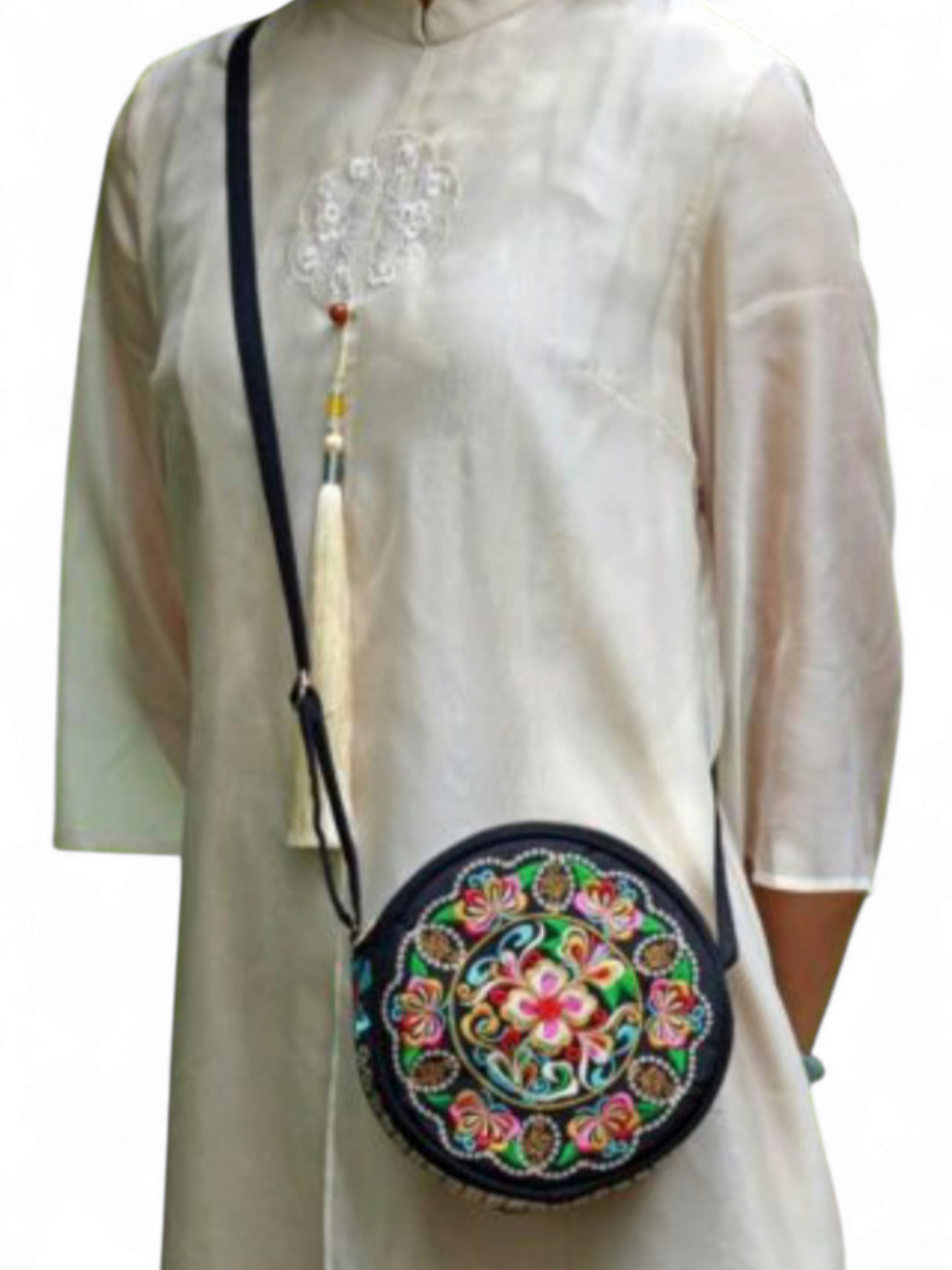 Embroidered Round Crossbody Bag