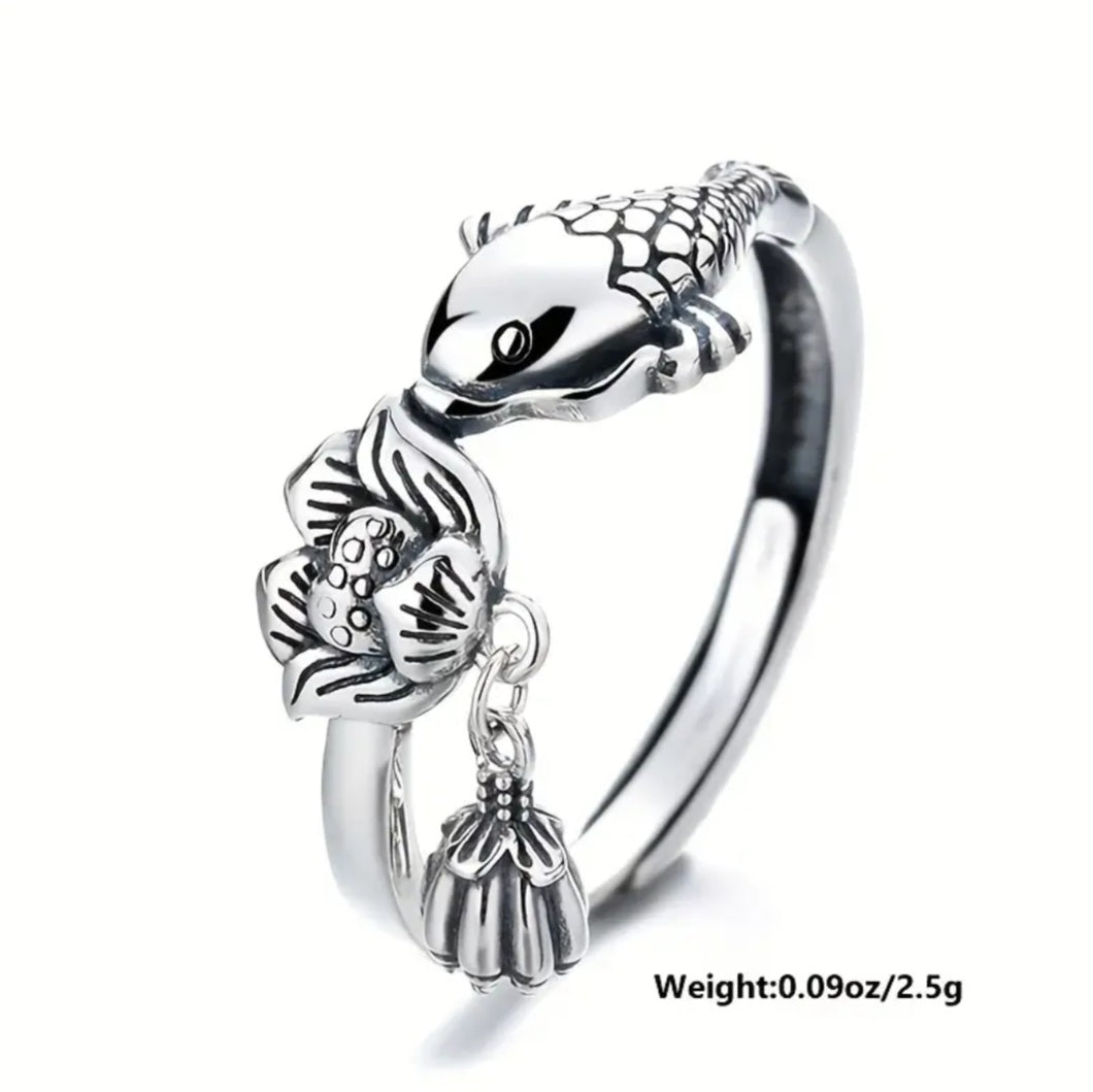 Sterling Silver S925 Adjustable Ring with Lotus and Koi design