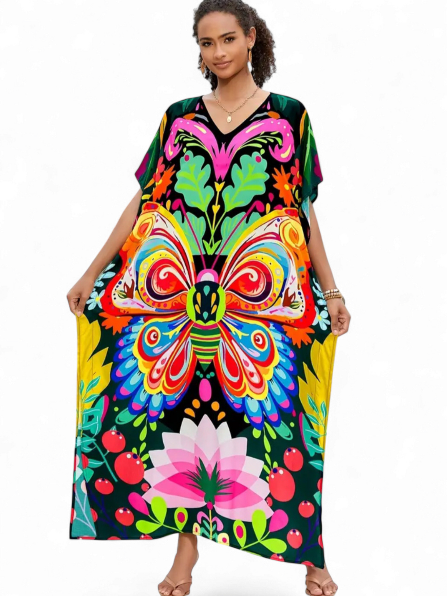 Butterfly & Lotus Printed Viscose Kaftan