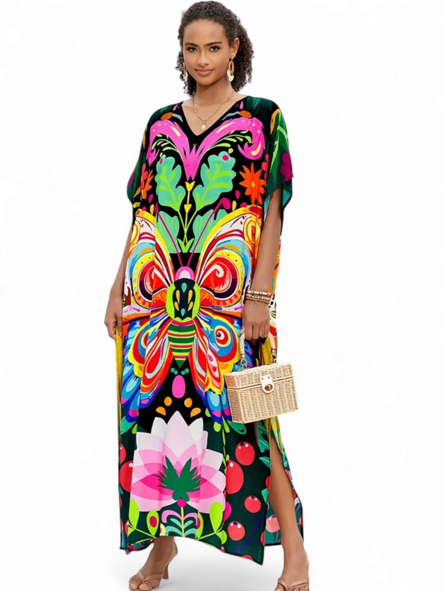 Butterfly & Lotus Printed Viscose Kaftan