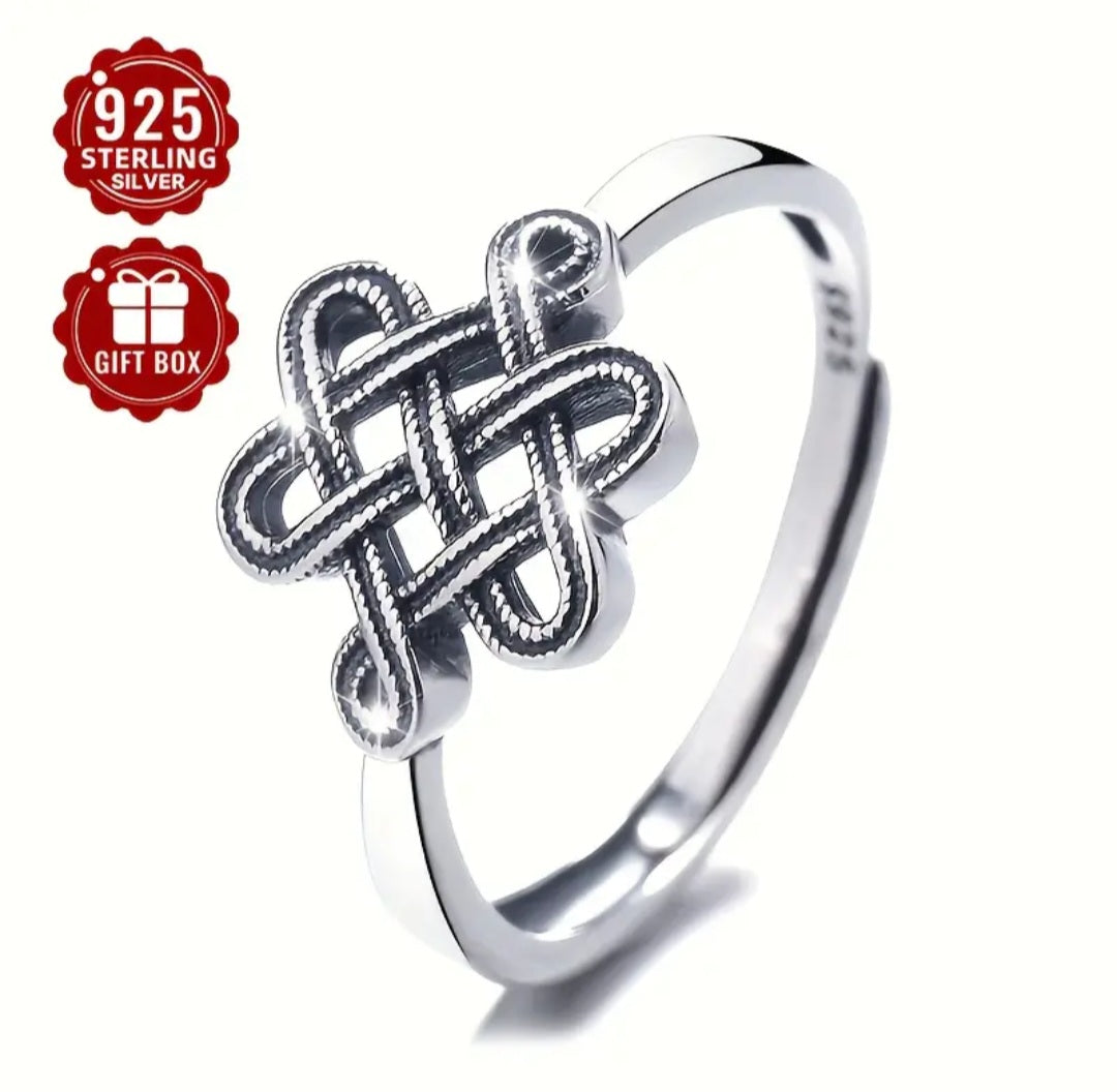 Sterling Silver S925 Adjustable Ring with Chinese Knot design