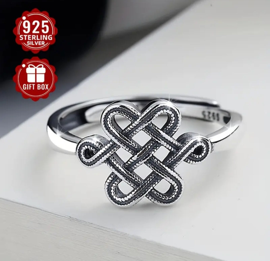 Sterling Silver S925 Adjustable Ring with Chinese Knot design