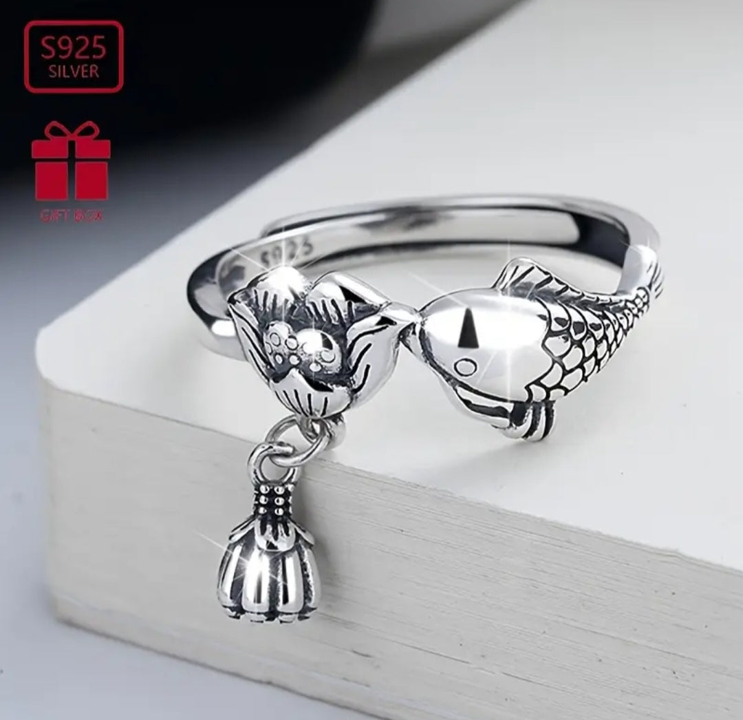 Sterling Silver S925 Adjustable Ring with Lotus and Koi design