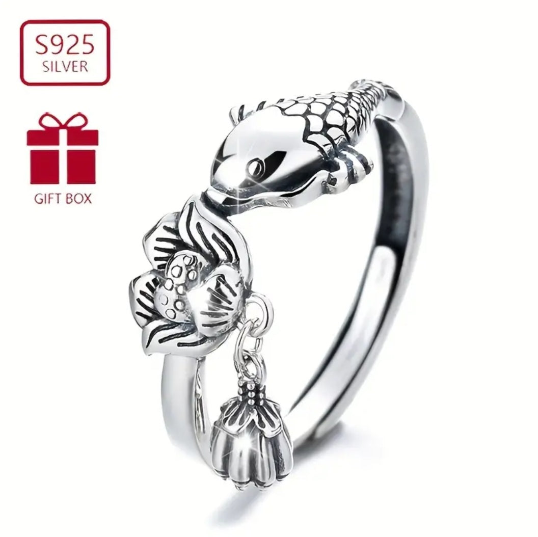 Sterling Silver S925 Adjustable Ring with Lotus and Koi design