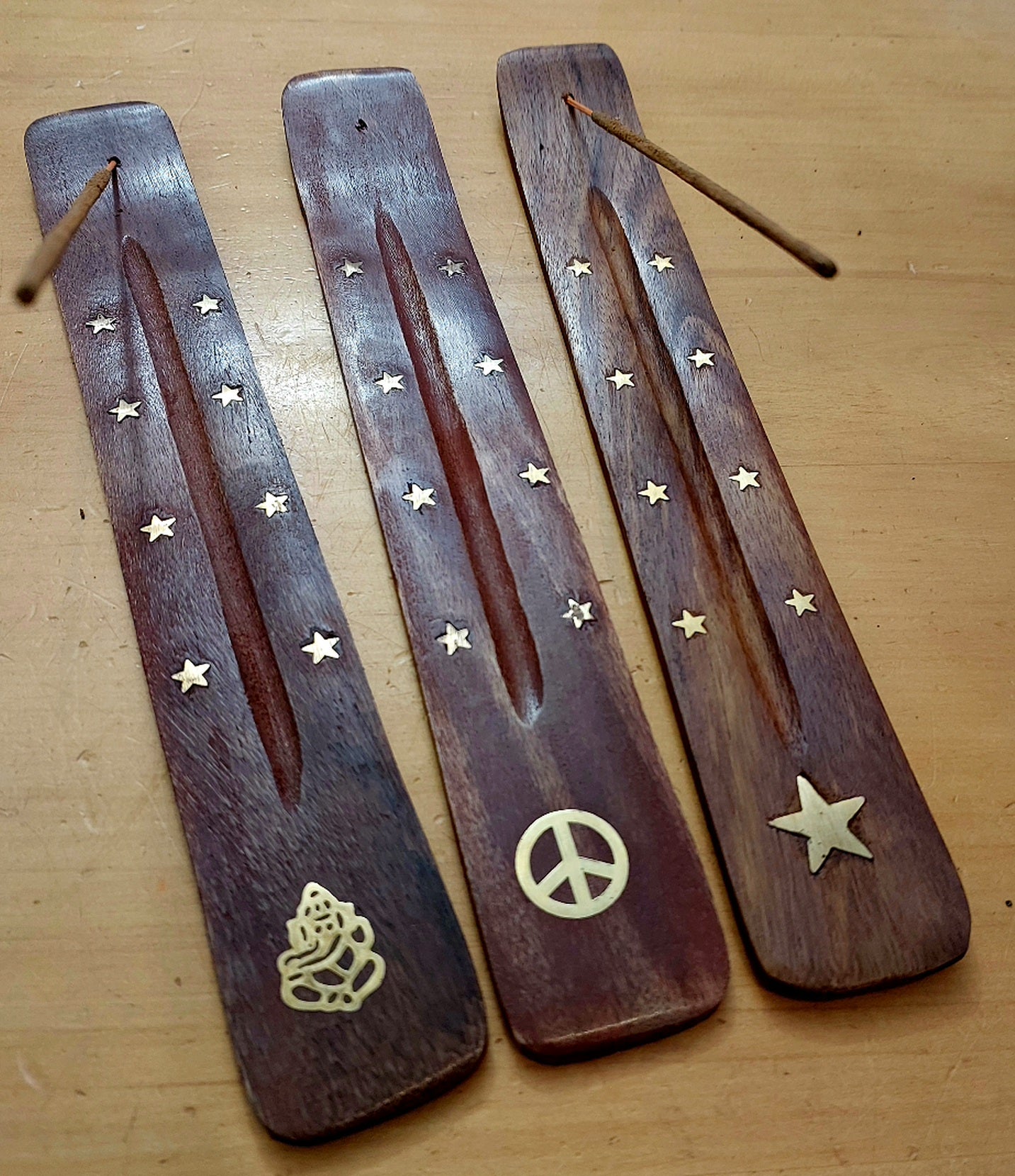 Wood Incense Burner with Brass Inlay (10inch / 25cm)